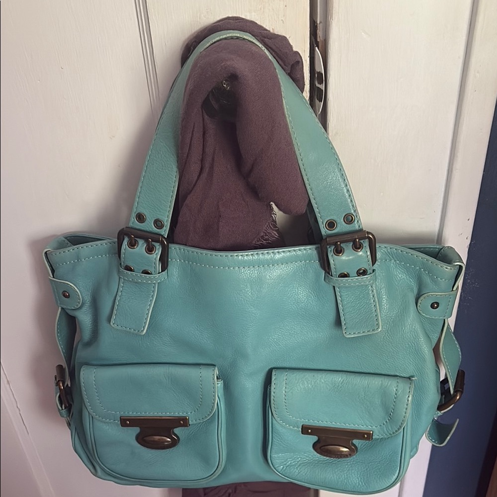 Aqua Leather Tote Bag